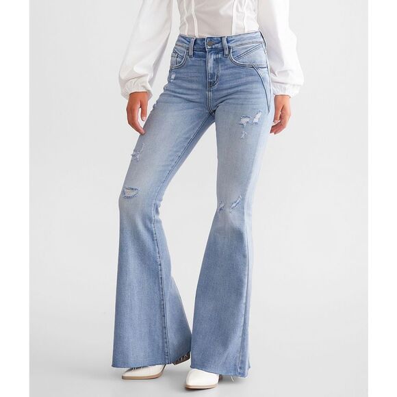 KANCAN Women’s Light Wash Color Nova Distressed High Rise Super Flare Jeans Size - Picture 2 of 11